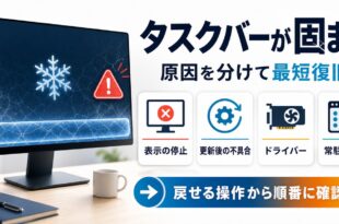 タスクバーが固まる原因と復旧手順を示すアイキャッチ画像