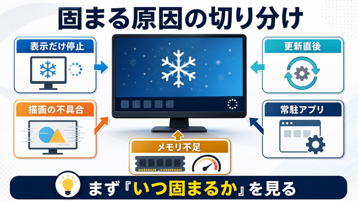 Windowsタスクバーがフリーズする原因の切り分けを示す図