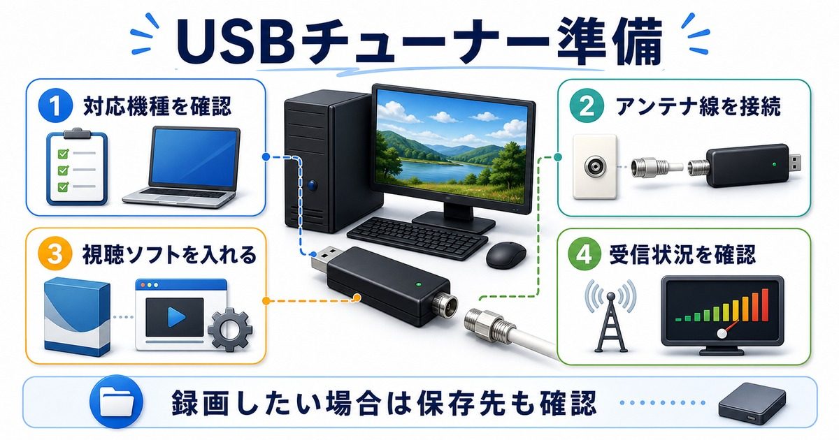 外付けUSBチューナーを使う前に対応機種、アンテナ線、視聴ソフト、受信状況、録画保存先を確認する図
