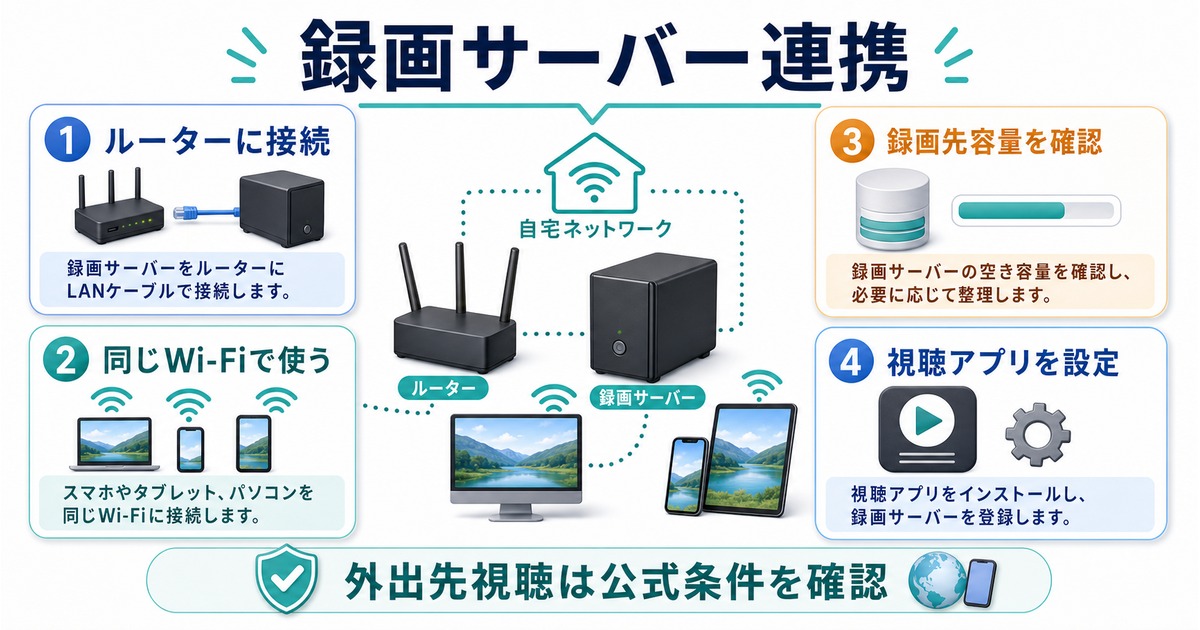 録画サーバーをルーターに接続し、同じWi-Fiで使い、録画先容量と視聴アプリを確認する図