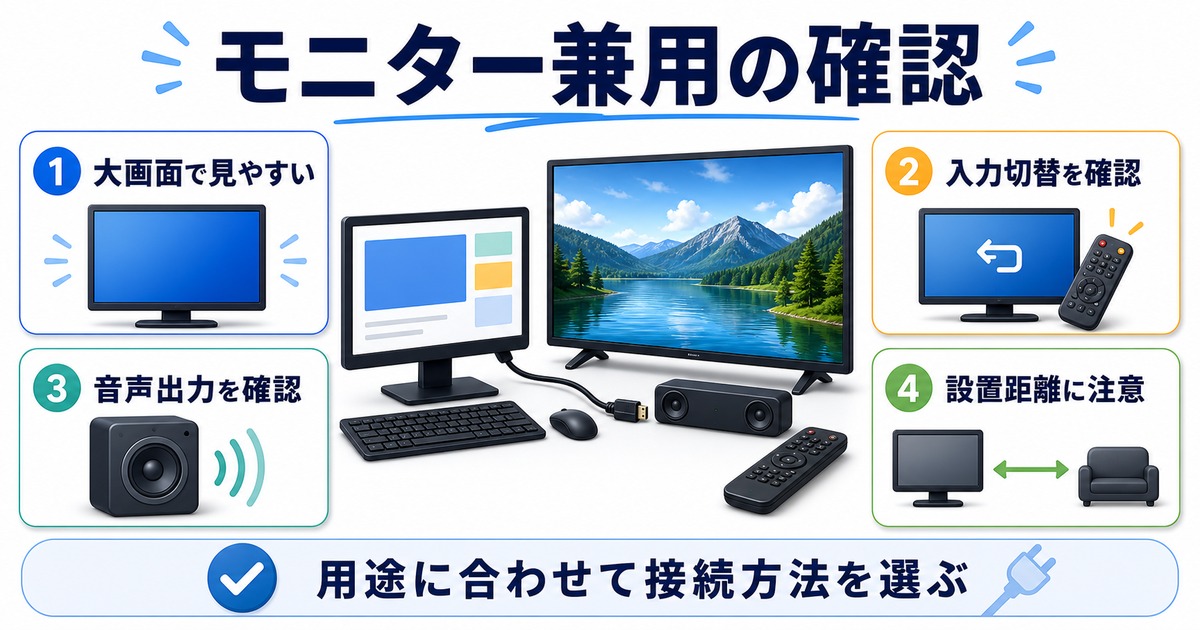 パソコンとテレビモニターを兼用する時に大画面、入力切替、音声出力、設置距離、接続方法を確認する図