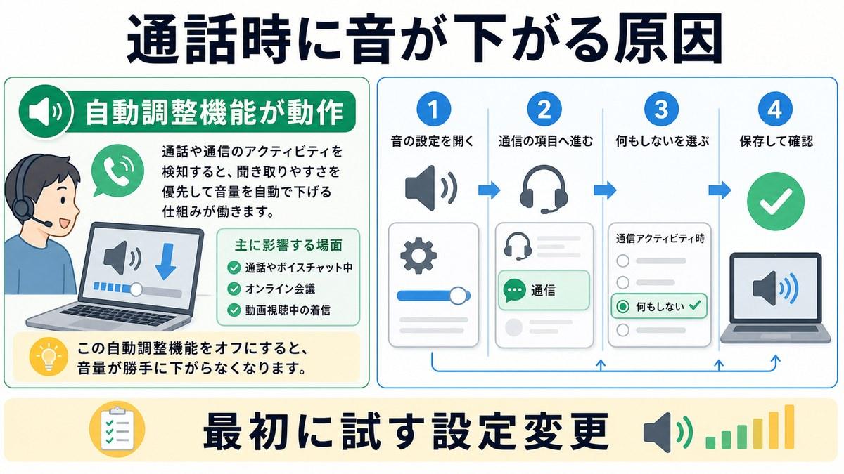 通話時に音が下がる原因を説明し音の設定から通信項目で何もしないを選ぶ手順をまとめた図解