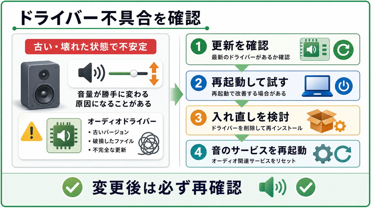 古いまたは壊れたドライバーで音量が不安定になる時に更新再起動入れ直しサービス再起動を確認する図解