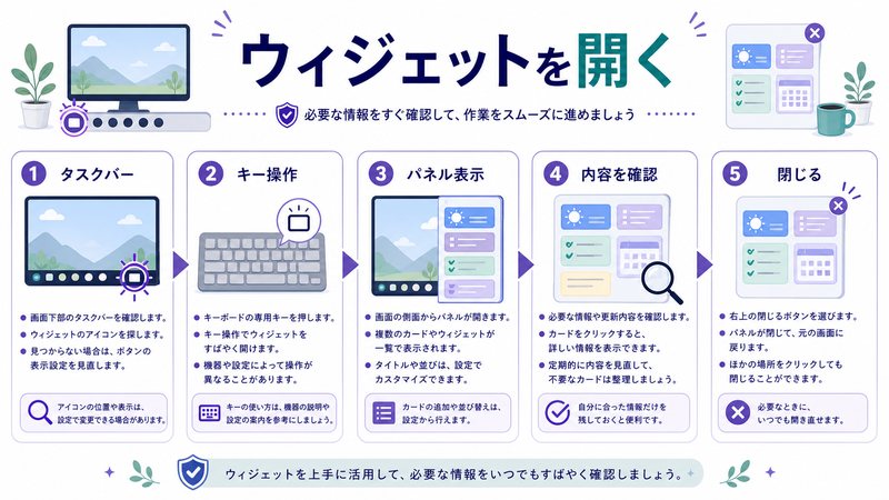 タスクバー、キー操作、パネル表示、内容確認、閉じる流れを整理した日本語図解