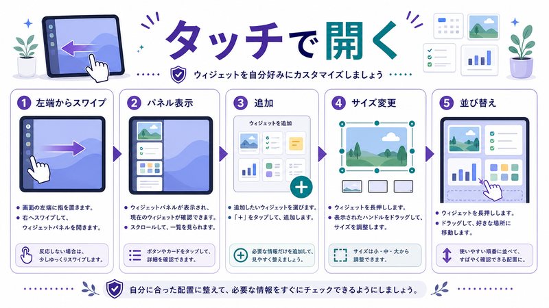 左端からのスワイプ、パネル表示、追加、サイズ変更、並び替えを整理した日本語図解