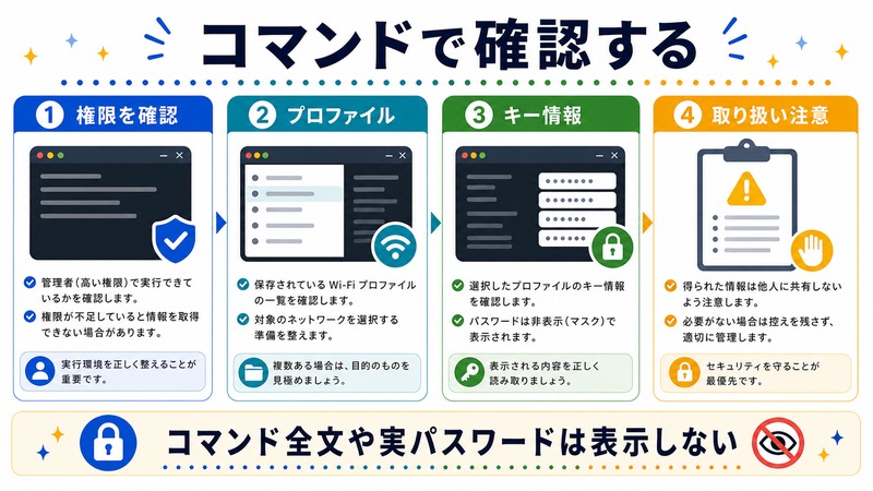 権限確認、プロファイル、キー情報、取り扱い注意を示し、コマンド全文や実パスワードを表示しない日本語図解