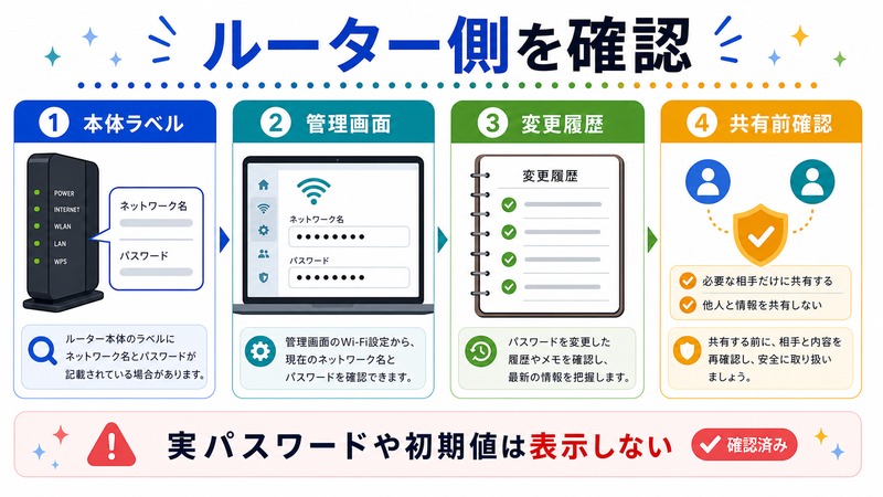 本体ラベル、管理画面、変更履歴、共有前確認を行い、実パスワードや初期値を表示しない日本語図解