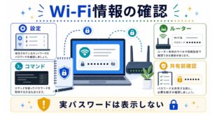 設定、コマンド、ルーター、共有前確認でWi-Fi情報を確認し、実パスワードは表示しないことを示す日本語アイキャッチ画像