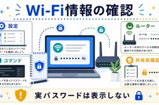 設定、コマンド、ルーター、共有前確認でWi-Fi情報を確認し、実パスワードは表示しないことを示す日本語アイキャッチ画像