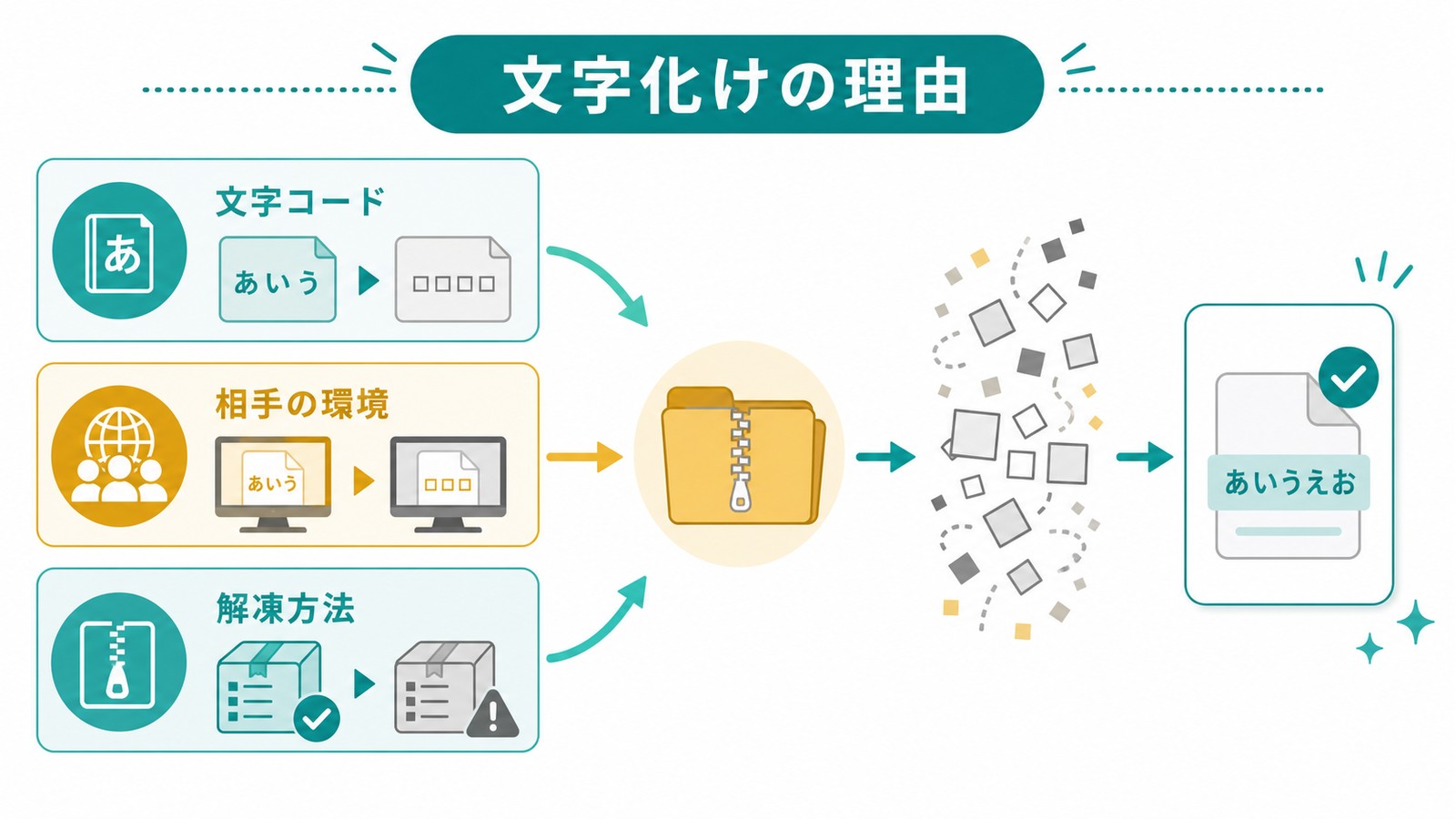 zipファイルの文字化けは文字コード相手の環境解凍方法の違いで起こることを整理した図解