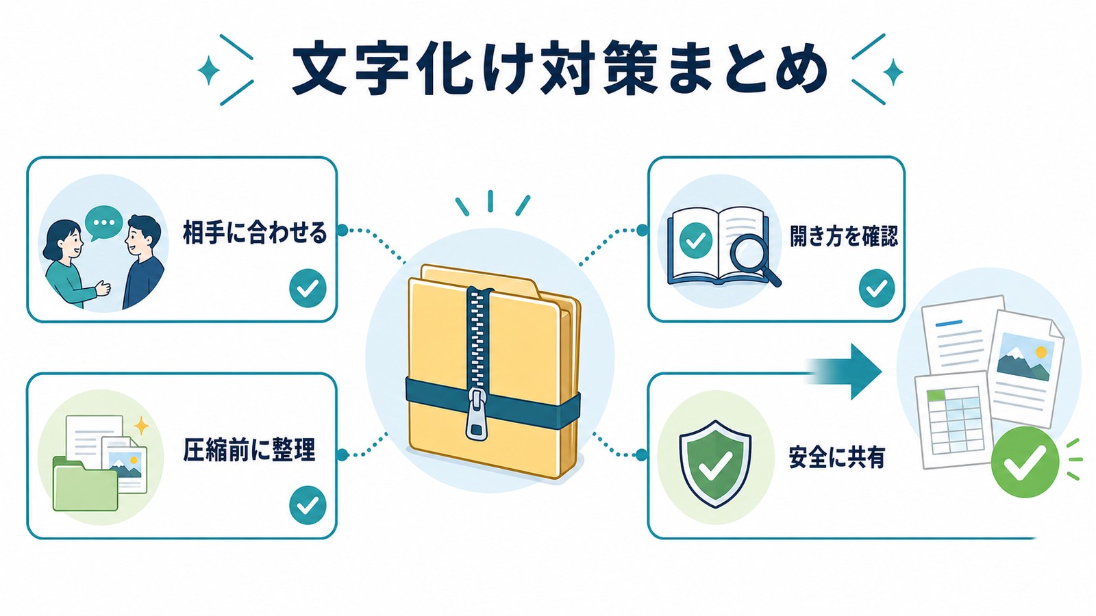zipファイルの文字化け対策は相手に合わせ圧縮前に整理し開き方を確認して安全に共有する図解