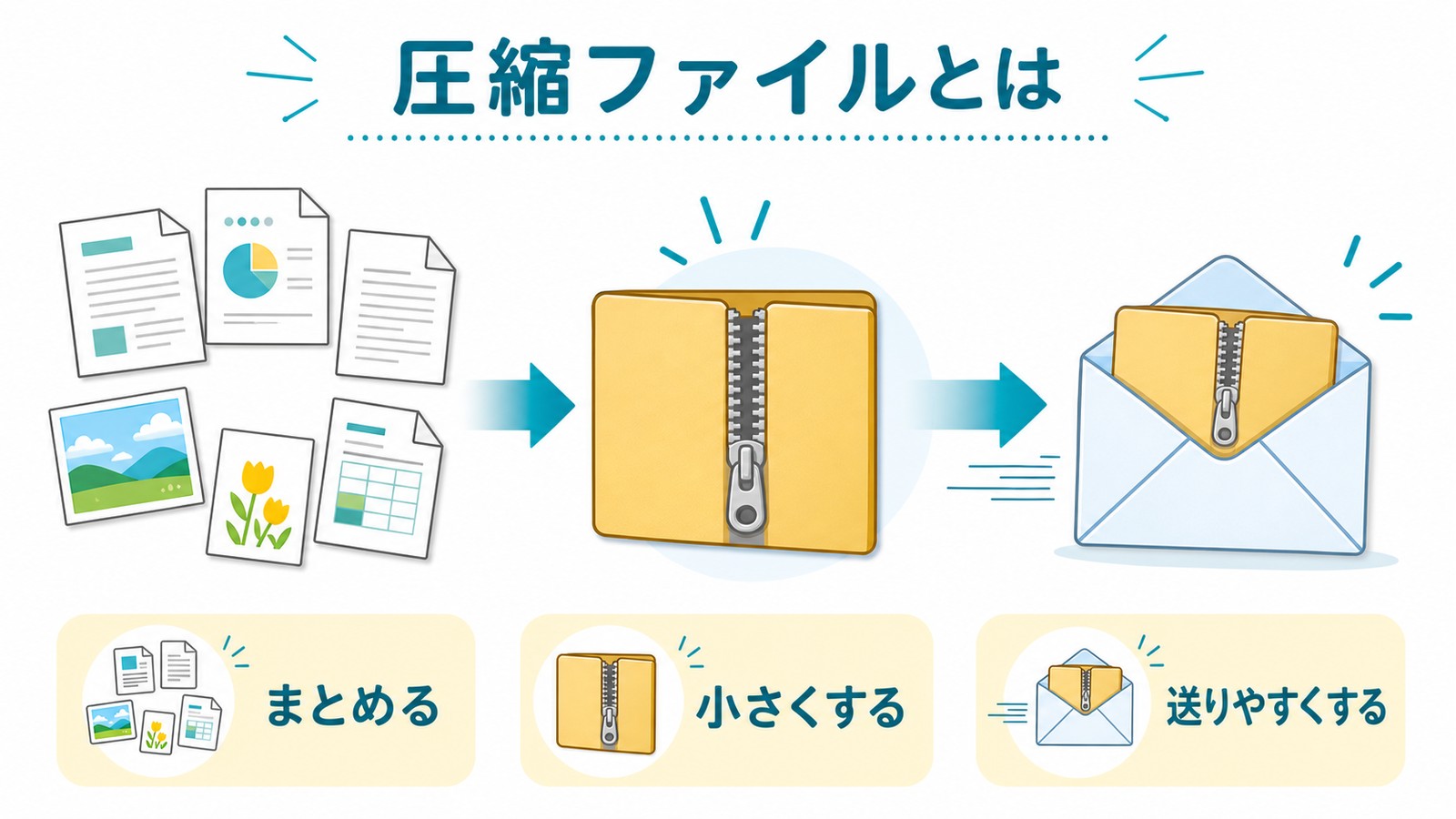 zipファイルは複数のファイルをまとめて小さくし送りやすくする圧縮ファイルであることを整理した図解