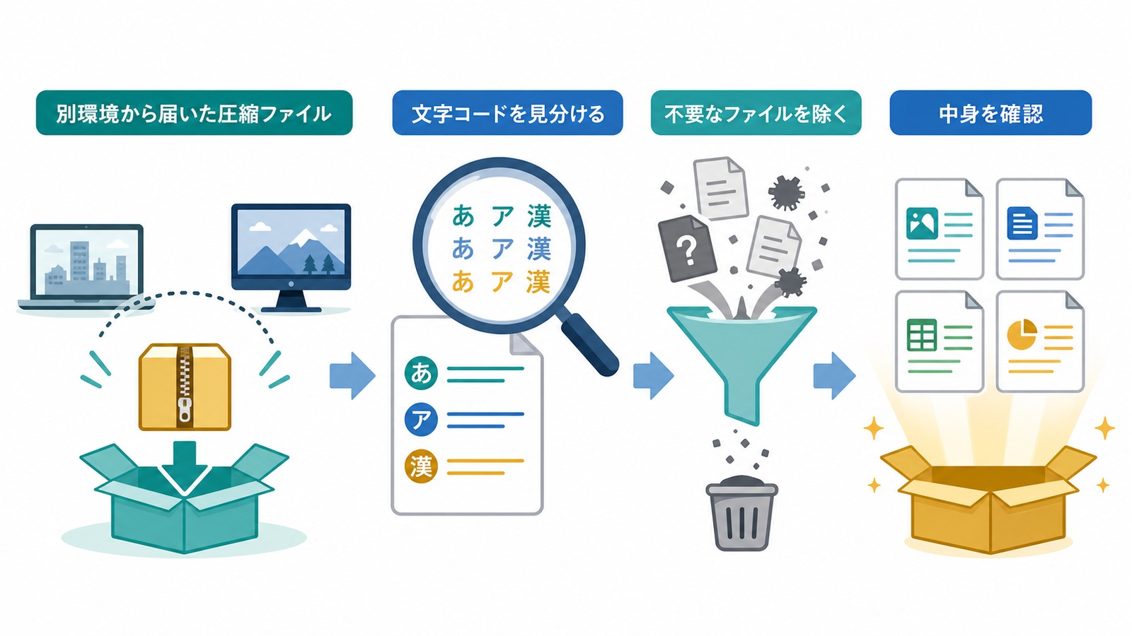 別環境から届いたzipファイルは文字コードを見分け不要なファイルを除き中身を確認する図解