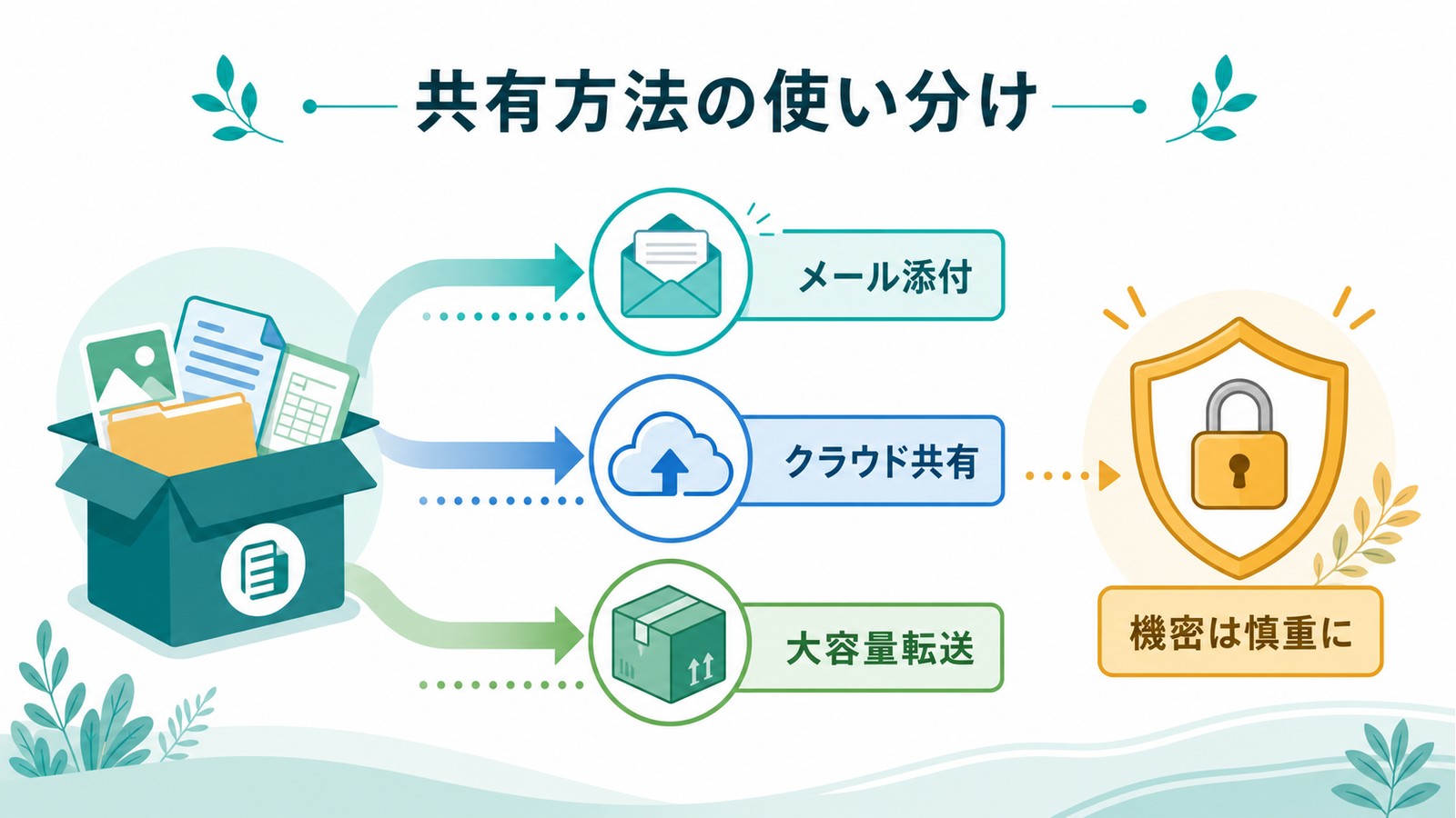 メール添付クラウド共有大容量転送をファイルの大きさと安全性で使い分ける図解