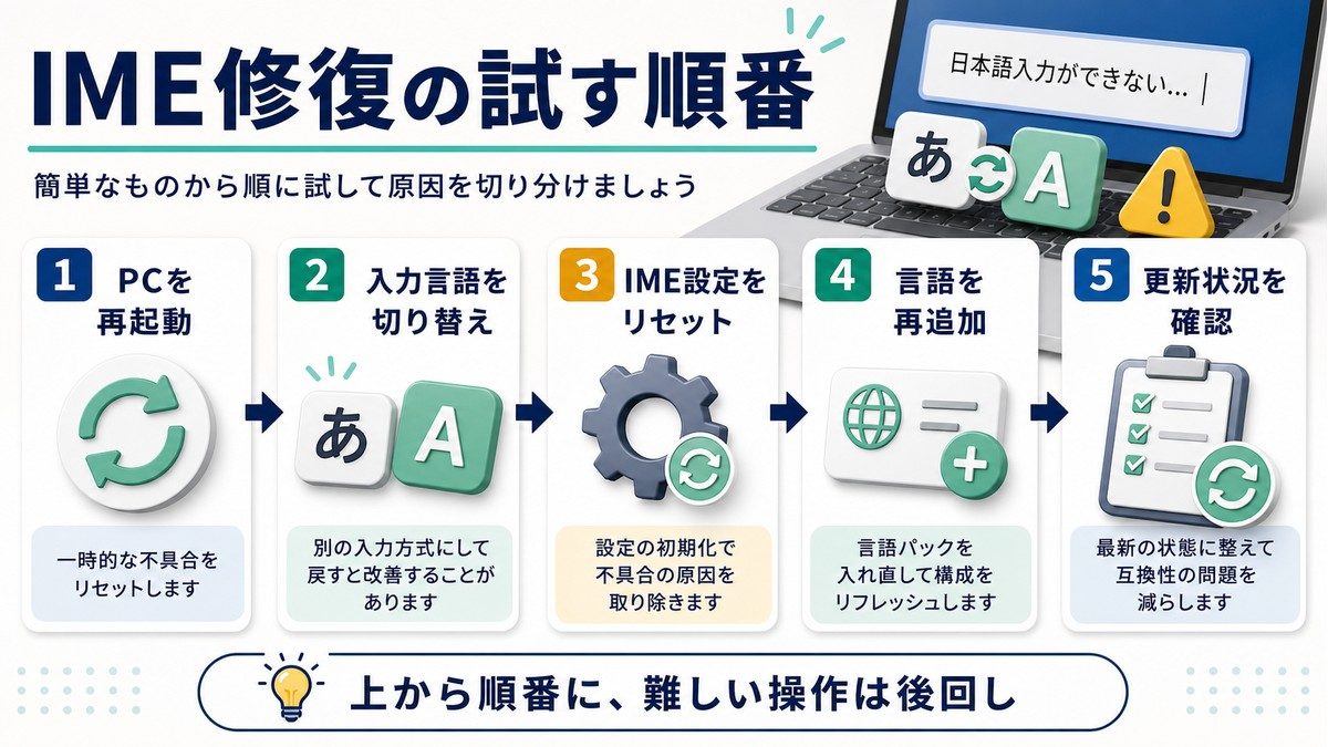 Windows 11のIMEを再起動から入力言語確認や設定リセットへ順番に直す流れ