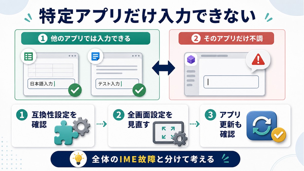 特定アプリだけ日本語入力できない場合に互換性設定やアプリ更新を確認する図