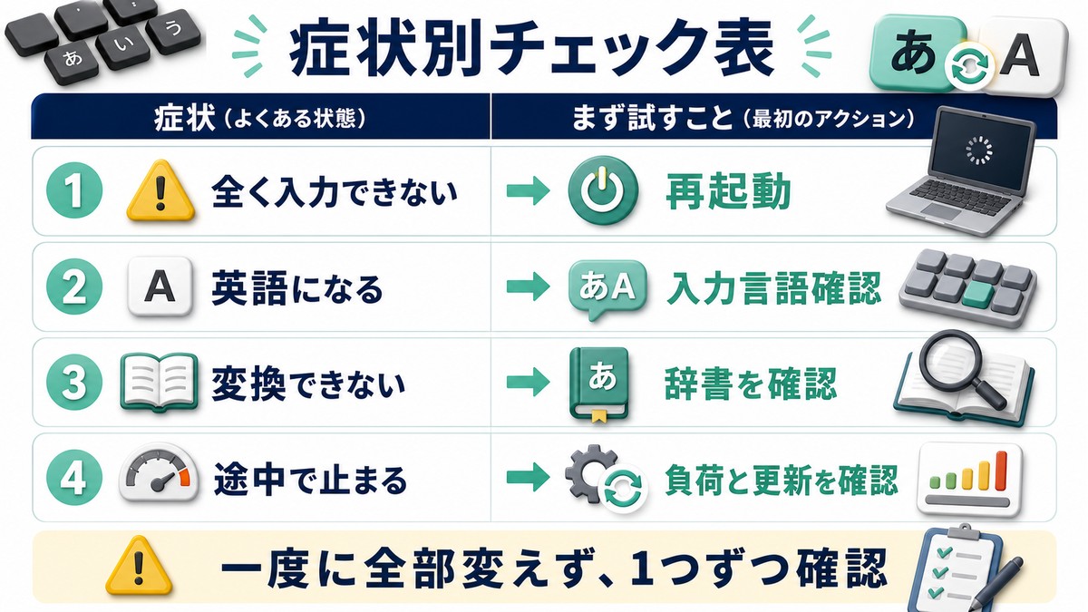 Windows 11のIMEトラブルを症状別に再起動や入力言語確認へ分けたチェック表