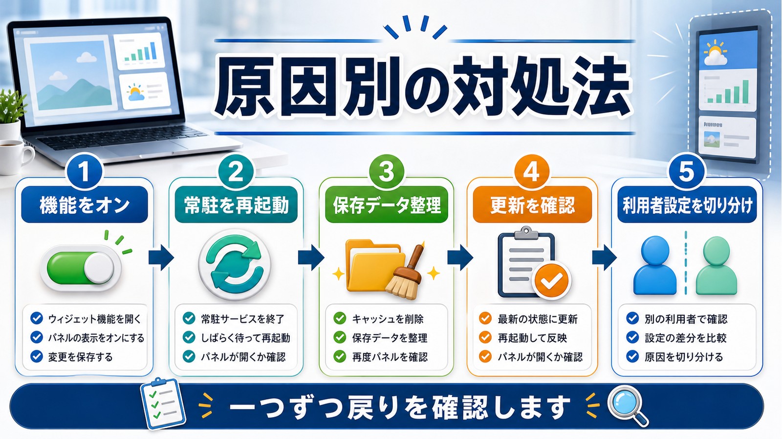 ウィジェットパネルが開かない時に機能オン、常駐再起動、保存データ整理、更新確認、利用者設定切り分けを行う図解