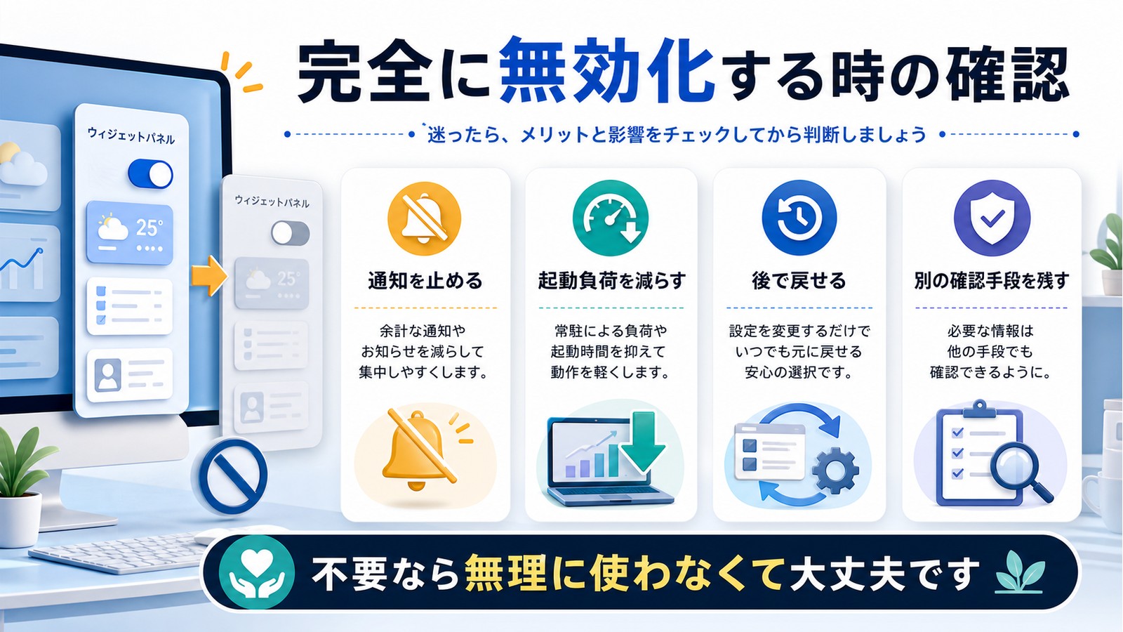 ウィジェットパネルを使わない時に通知停止、起動負荷軽減、後で戻せること、別の確認手段を残すことを示す図解