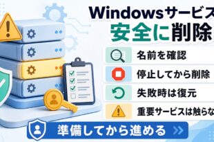Windowsサービスを安全に削除するために名前確認、停止、削除、復元確認の順序を示すアイキャッチ画像