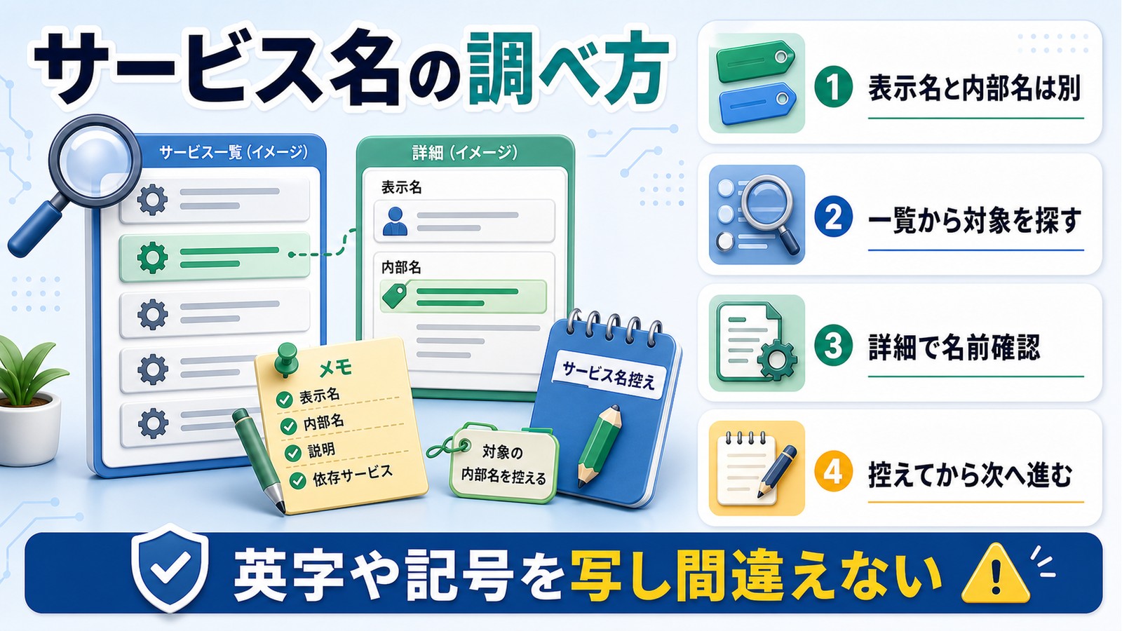 Windowsサービスで表示名と内部名の違いを確認し、一覧から対象を探して詳細で名前を控える流れを示す図解