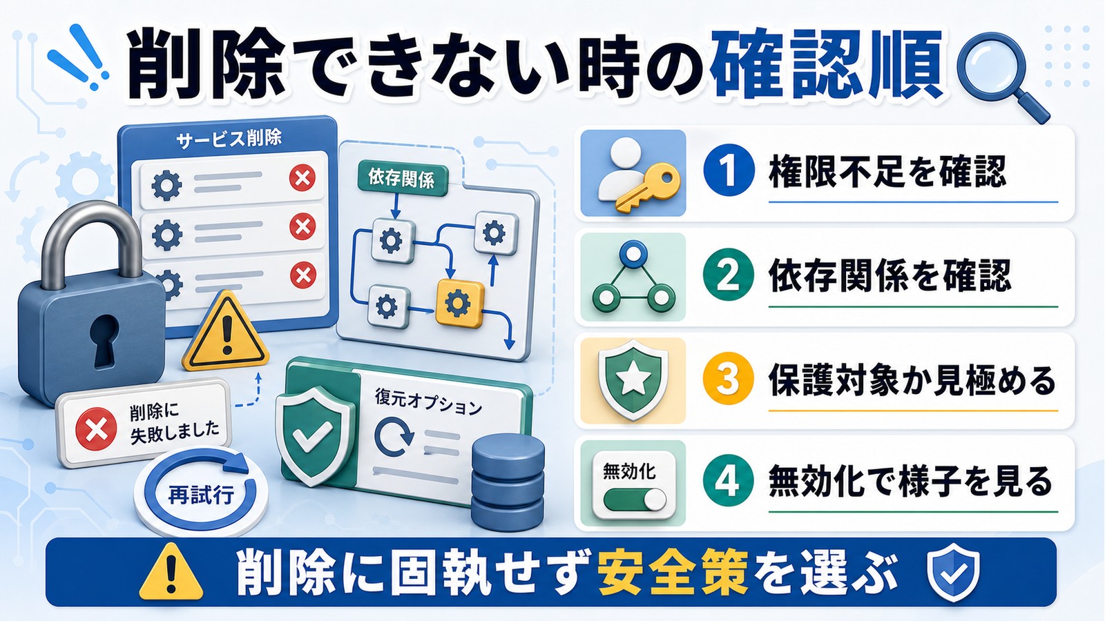 Windowsサービスを削除できない時に権限不足、依存関係、保護対象、無効化の順で確認する図解