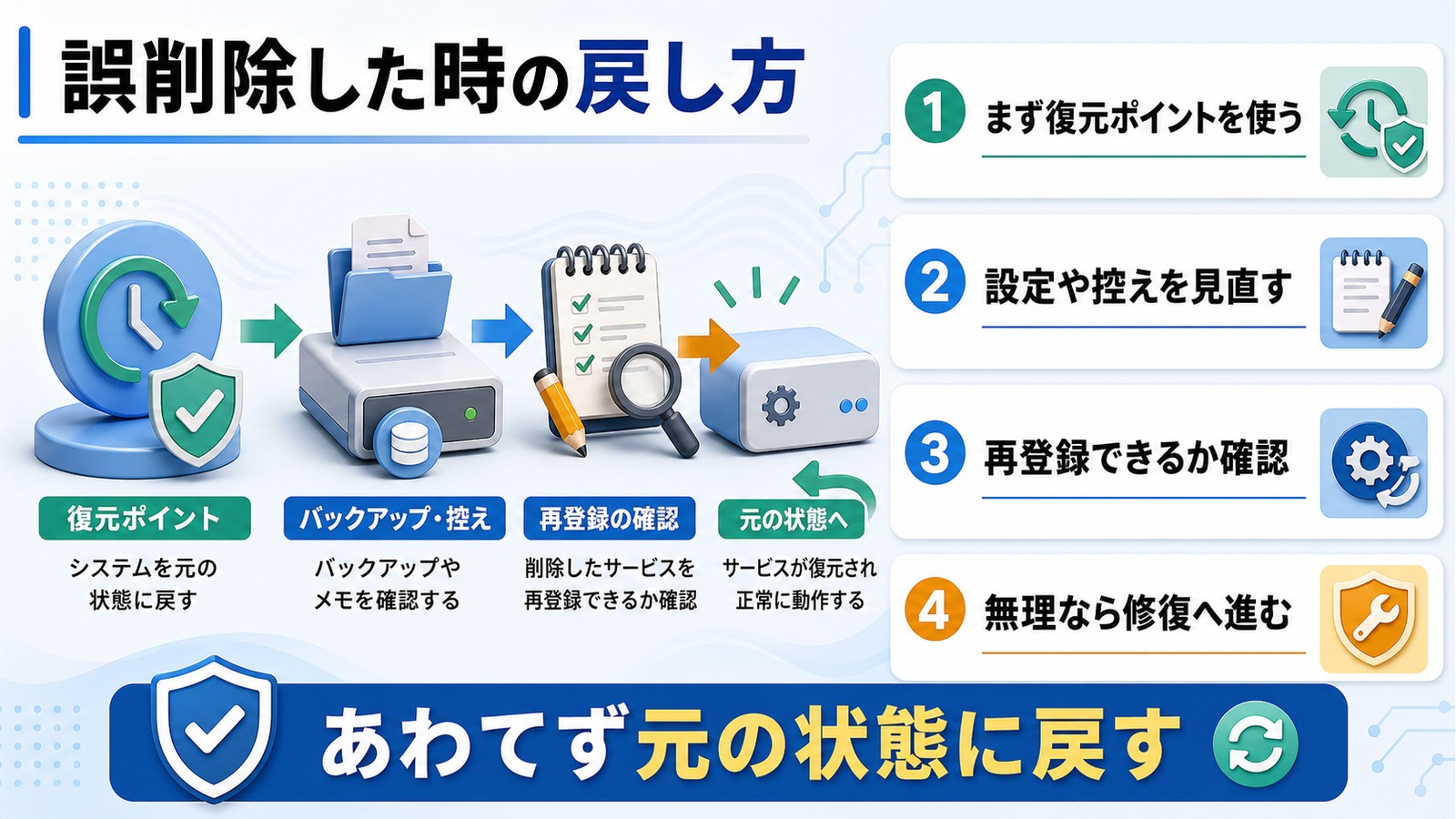 Windowsサービスを誤って削除した時に復元ポイント、控えの見直し、再登録確認、修復の順で戻す図解