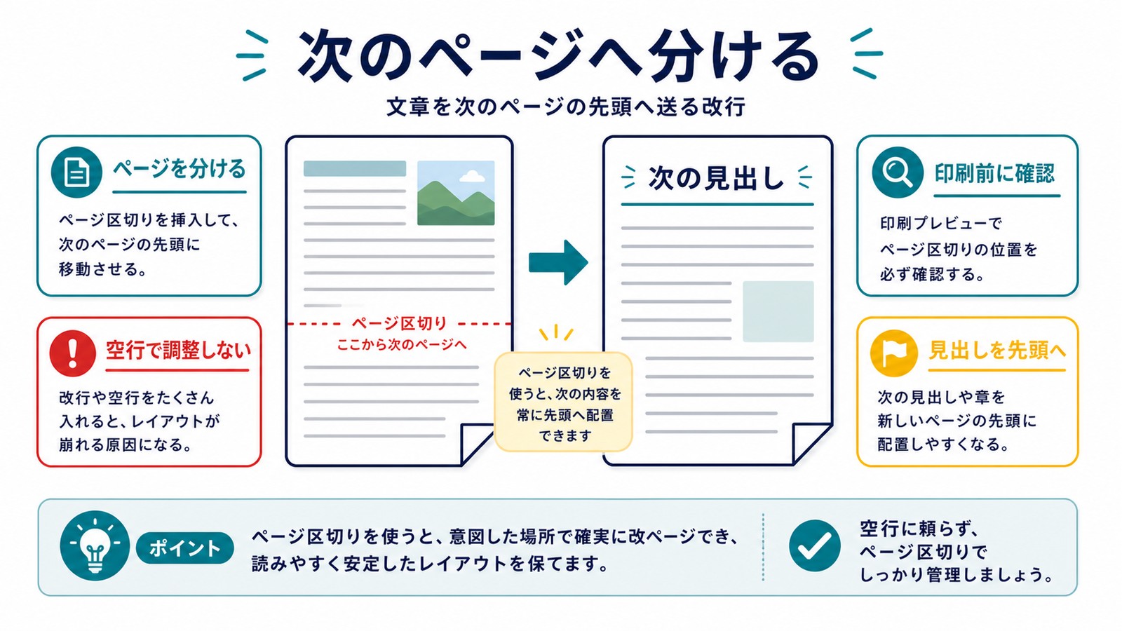 ワードで次のページへ分ける時に空行で調整せずページ区切りと印刷前確認を使う図解