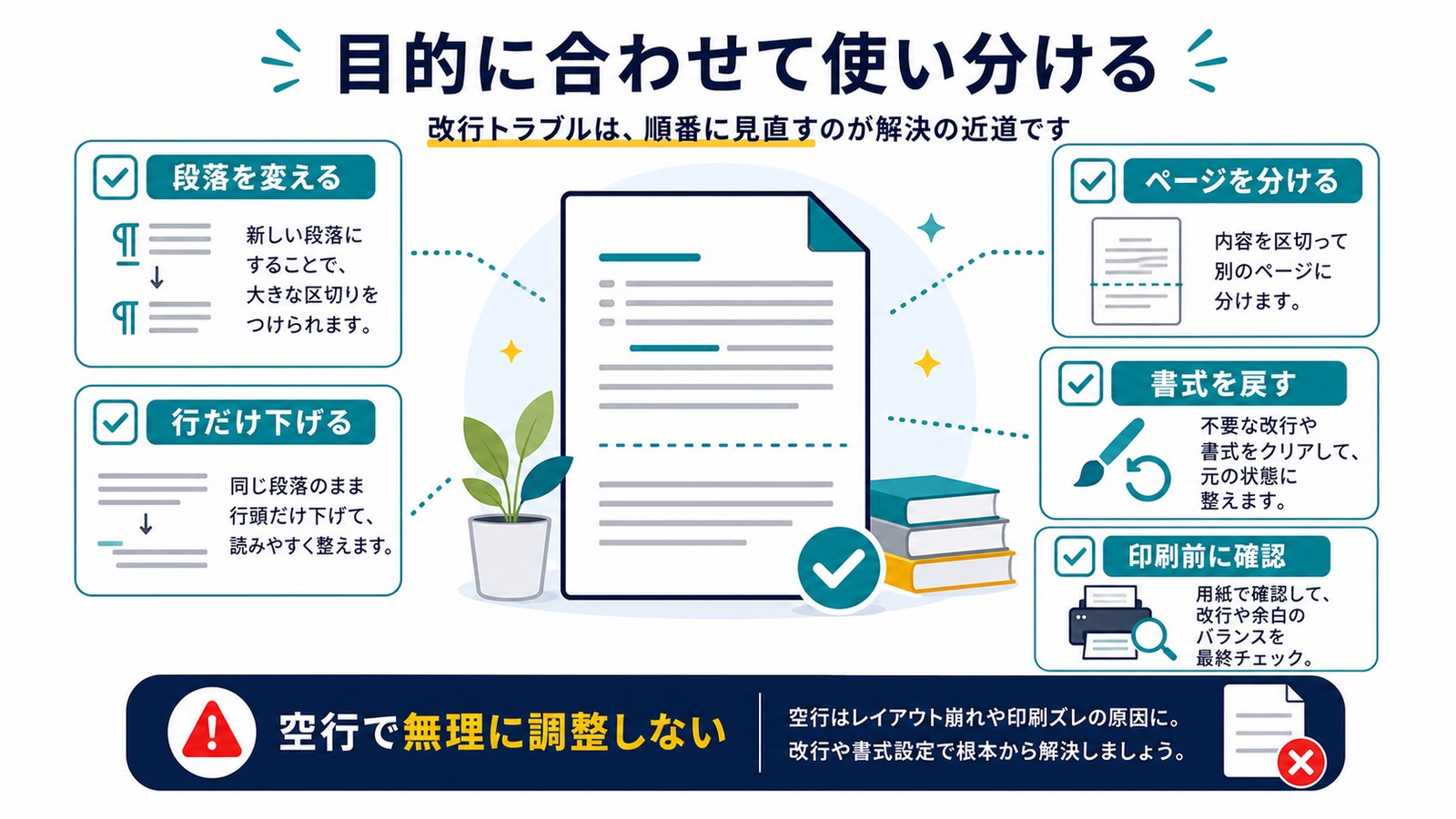 ワードの改行は段落を変える行だけ下げるページを分ける書式を戻す印刷前確認で使い分ける図解