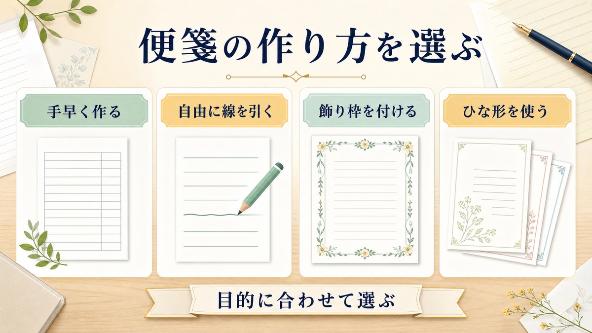 便箋の作り方を手早く作る自由に線を引く飾り枠を付けるひな形を使うに分けた図解