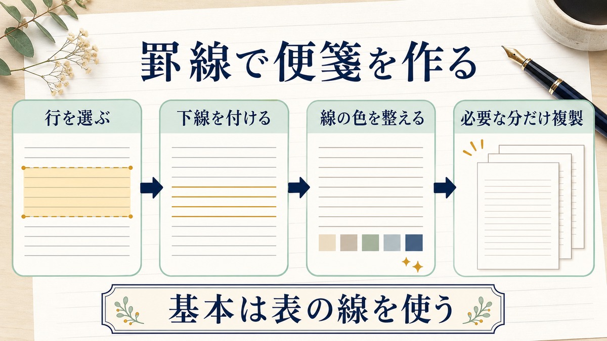 行を選び下線を付け線の色を整え必要な分だけ複製して便箋を作る図解