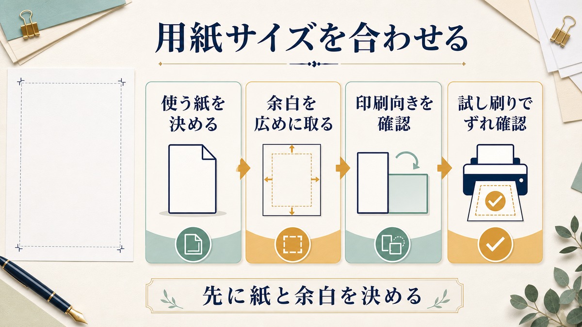 使う紙を決め余白を広めに取り印刷向きを確認して試し刷りでずれを確認する図解