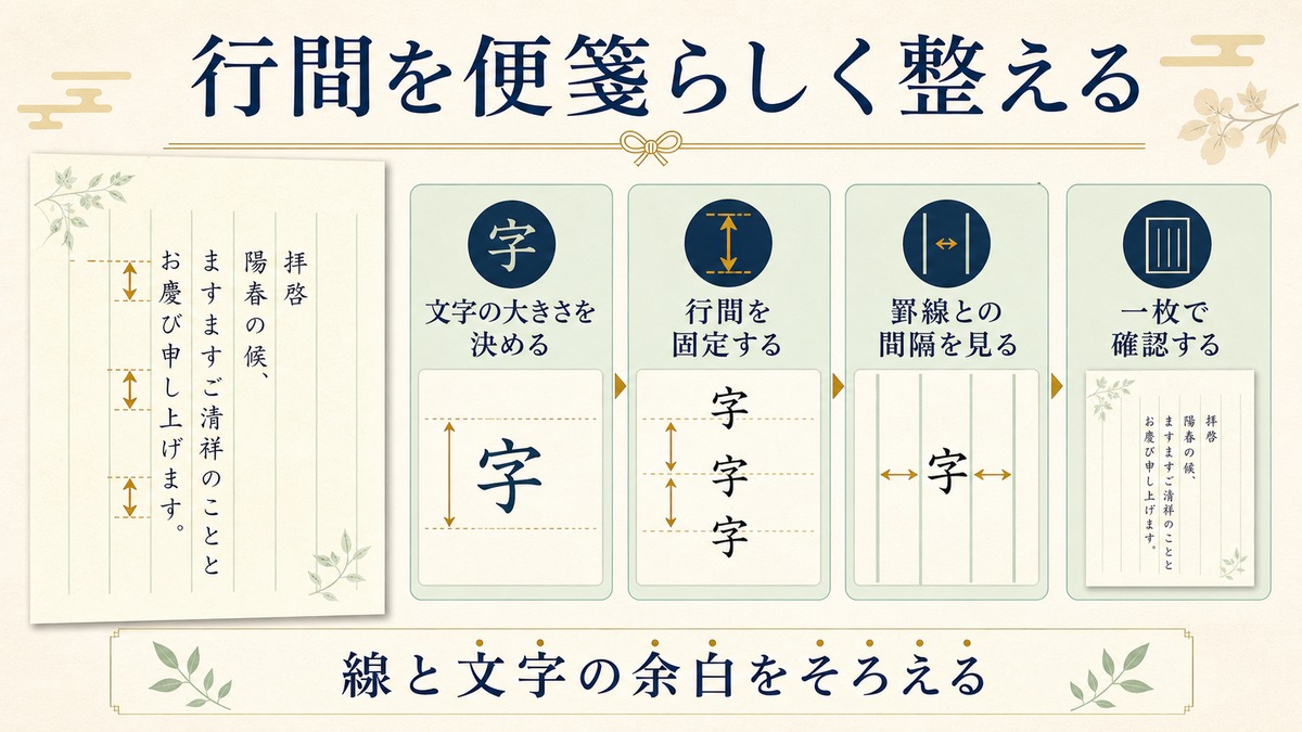 文字の大きさを決め行間を固定し罫線との間隔を見て一枚で確認する図解