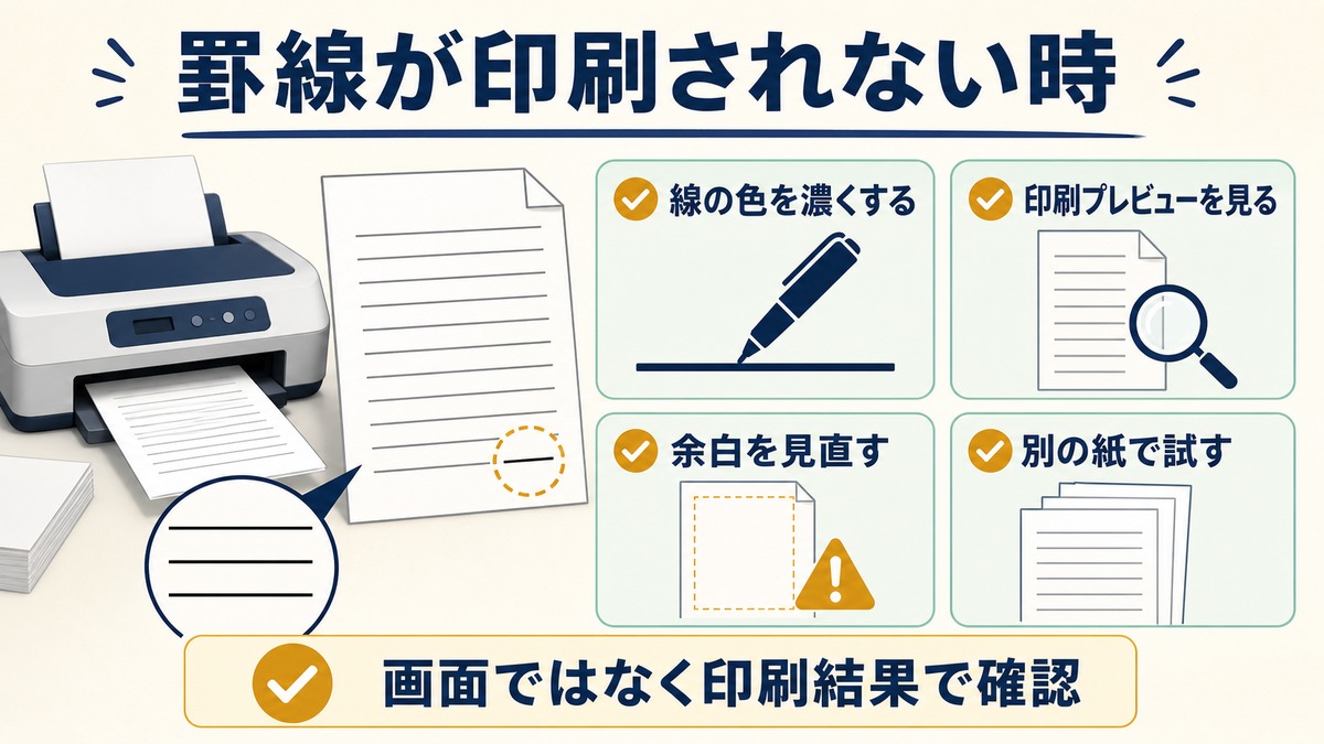 罫線が印刷されない時に線の色印刷プレビュー余白別の紙を確認する図解