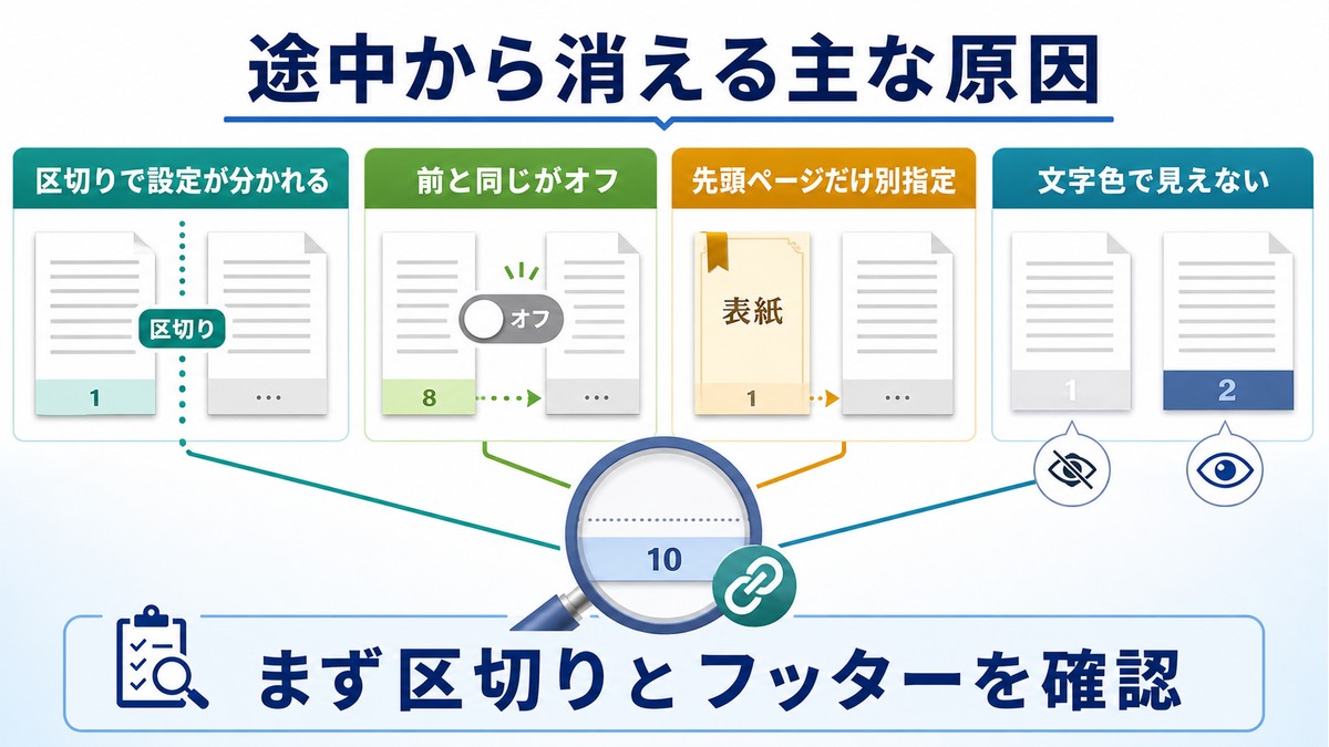 ページ番号が途中から消える原因をセクション区切り、前と同じ設定、先頭ページだけ別指定、文字色に分けた図解