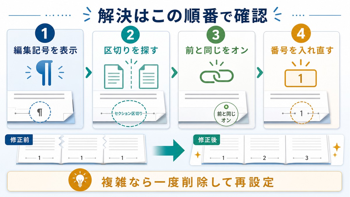 編集記号表示、区切り確認、前と同じをオン、ページ番号を入れ直す順番を示した図解