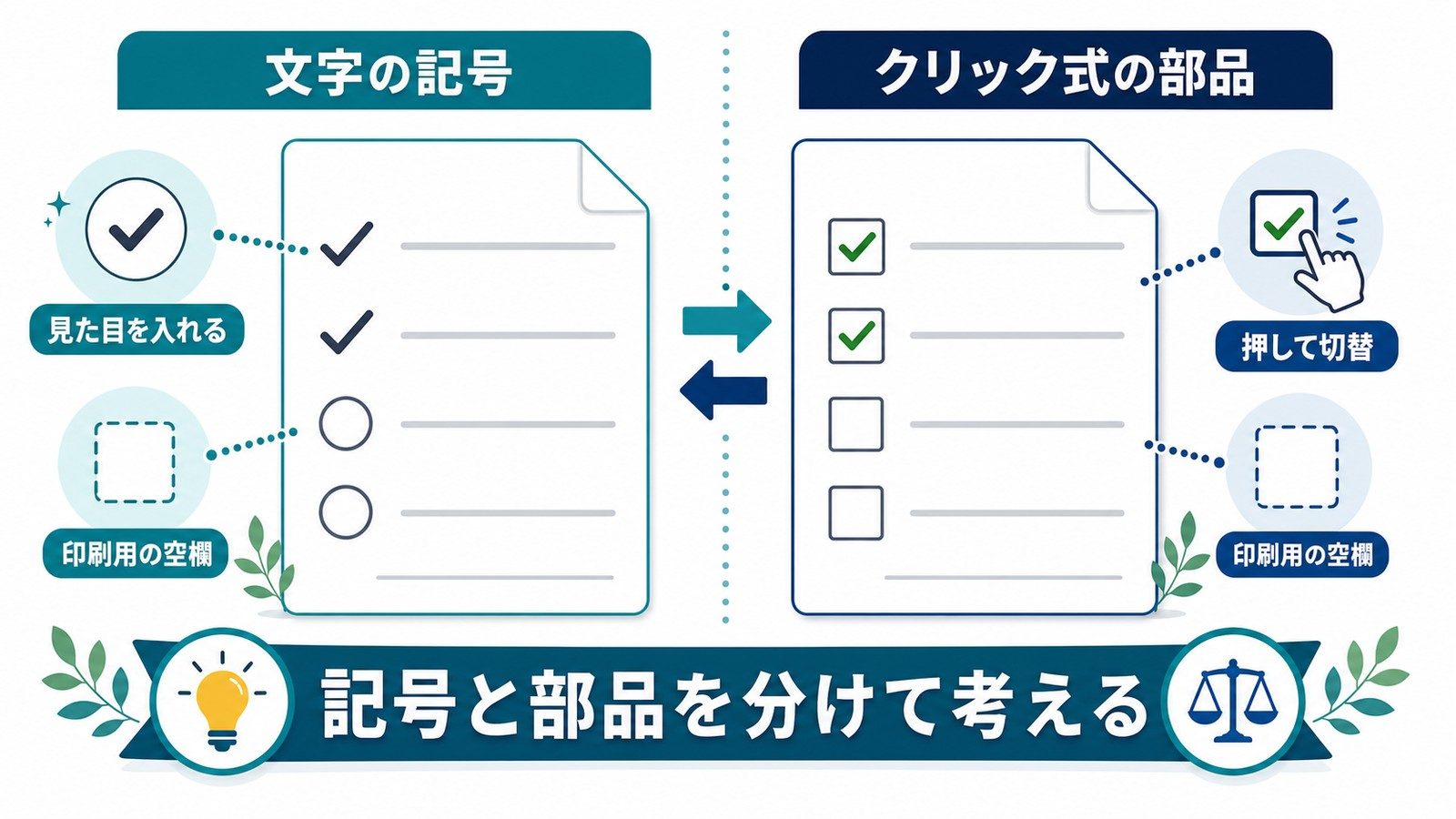 Wordの四角にレ点で文字の記号とクリック式の部品と印刷用の空欄の違いを整理した図解