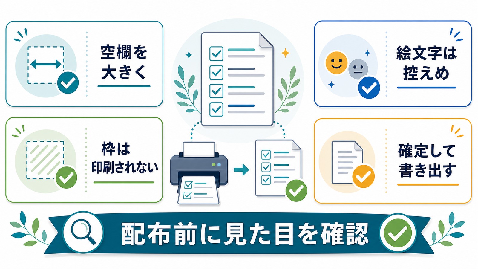 Wordチェックマーク文書で空欄を大きく絵文字は控えめ枠は印刷されない確定して書き出す注意点の図解