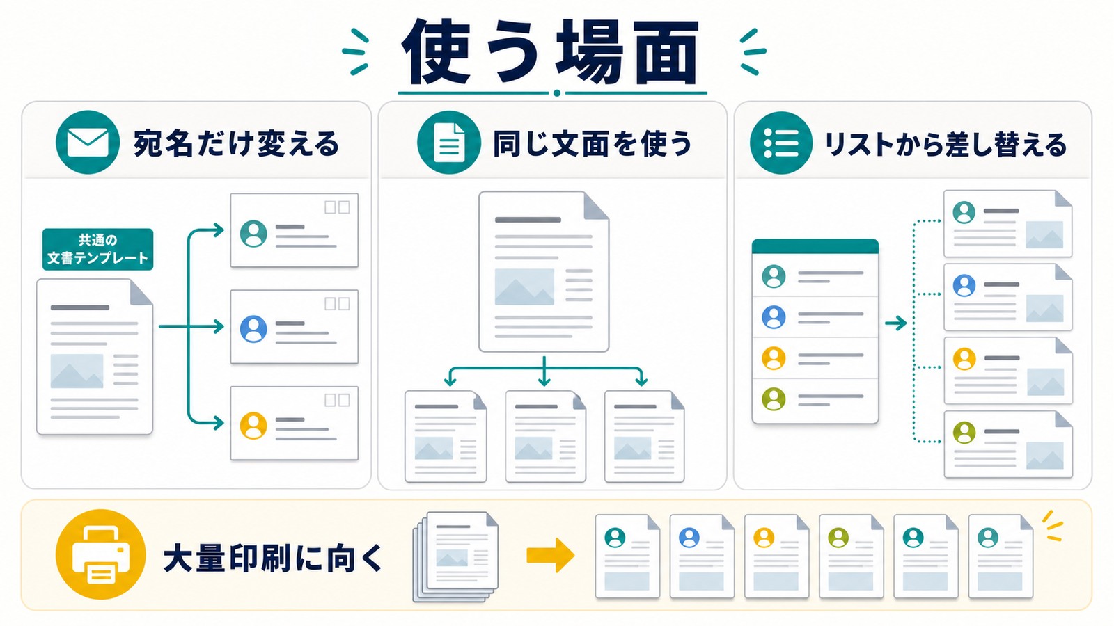 Wordの差し込み印刷を宛名だけ変える同じ文面を使うリストから差し替える大量印刷に向く場面で整理した図解