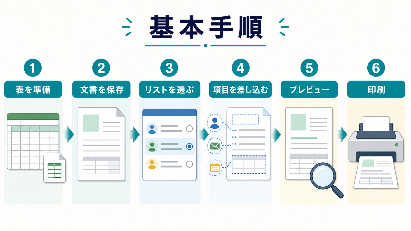Wordの差し込み印刷を表の準備文書保存リスト選択項目差し込みプレビュー印刷の順で進める図解