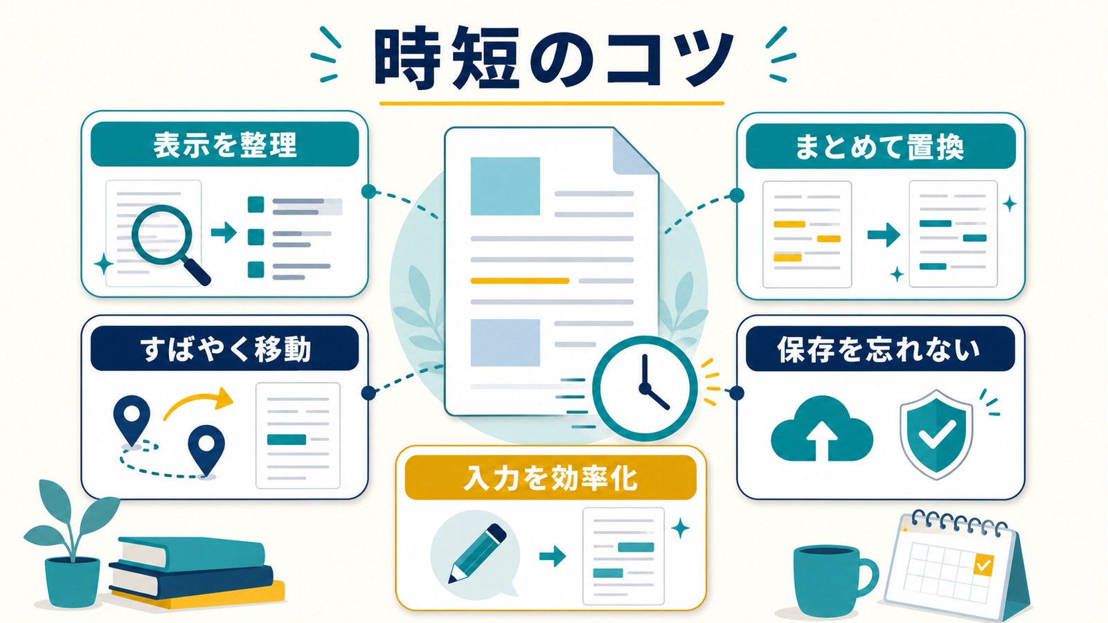 Word作業を表示整理すばやく移動まとめて置換保存忘れ防止入力効率化で時短するコツの図解