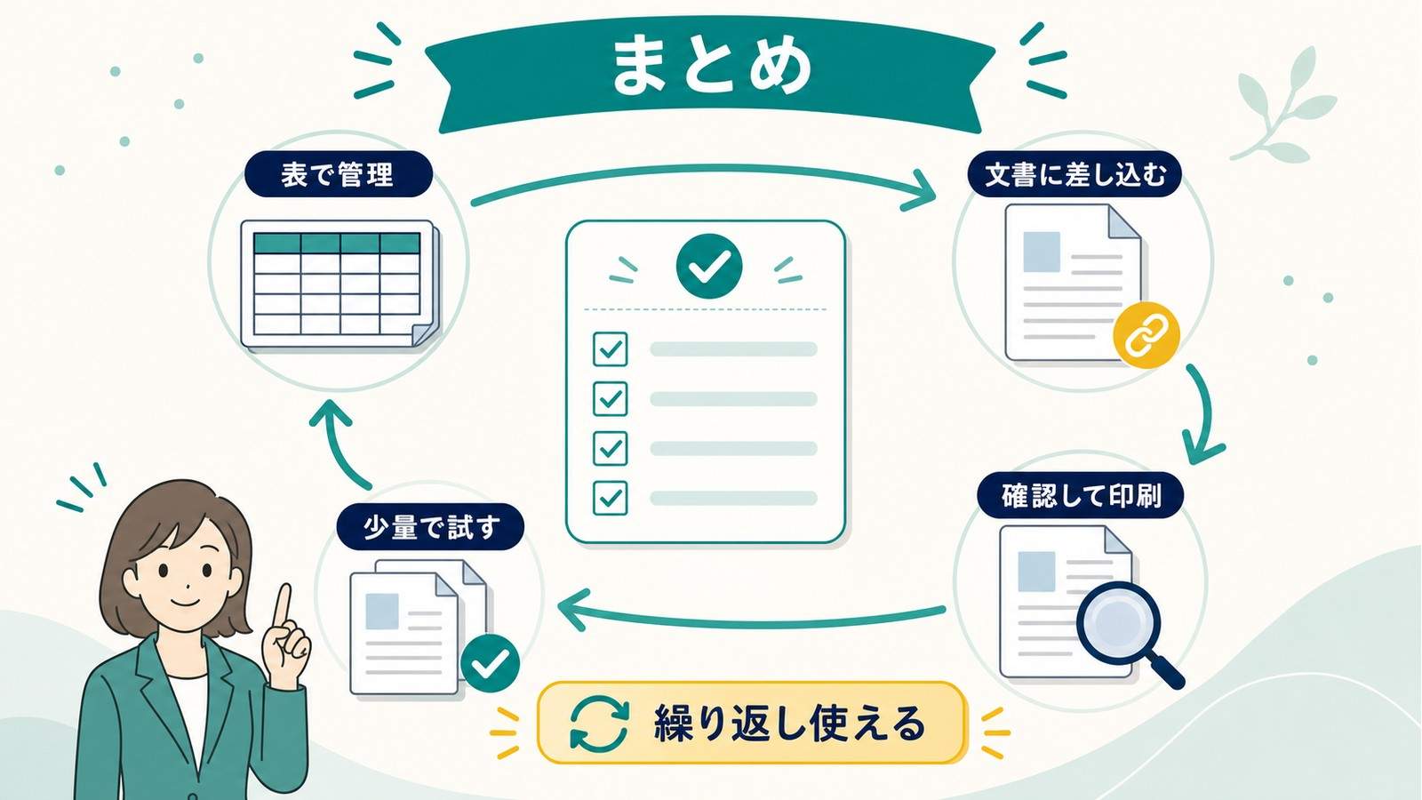 Wordの差し込み印刷を表で管理し文書に差し込み確認して印刷し少量で試して繰り返し使うまとめ図解