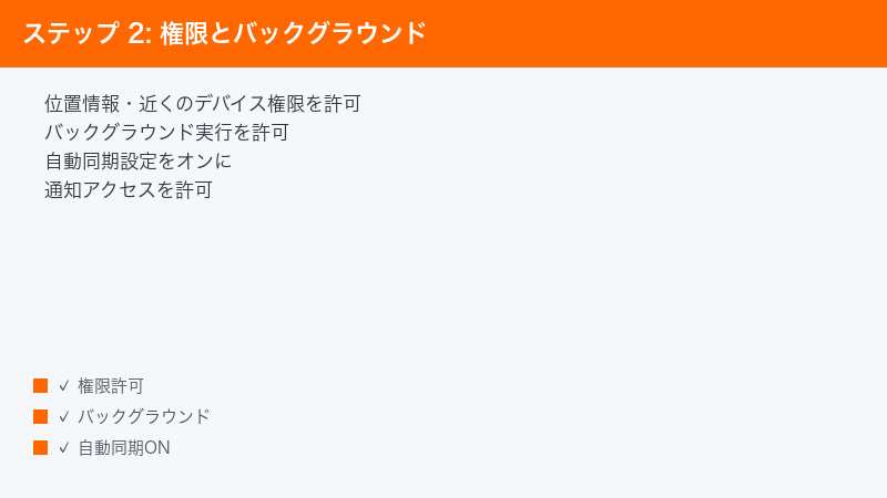 ステップ 2: 権限とバックグラウンド — 位置情報・近くのデバイス権限を許可・バックグラウンド実行を許可・自動同期設定をオンに