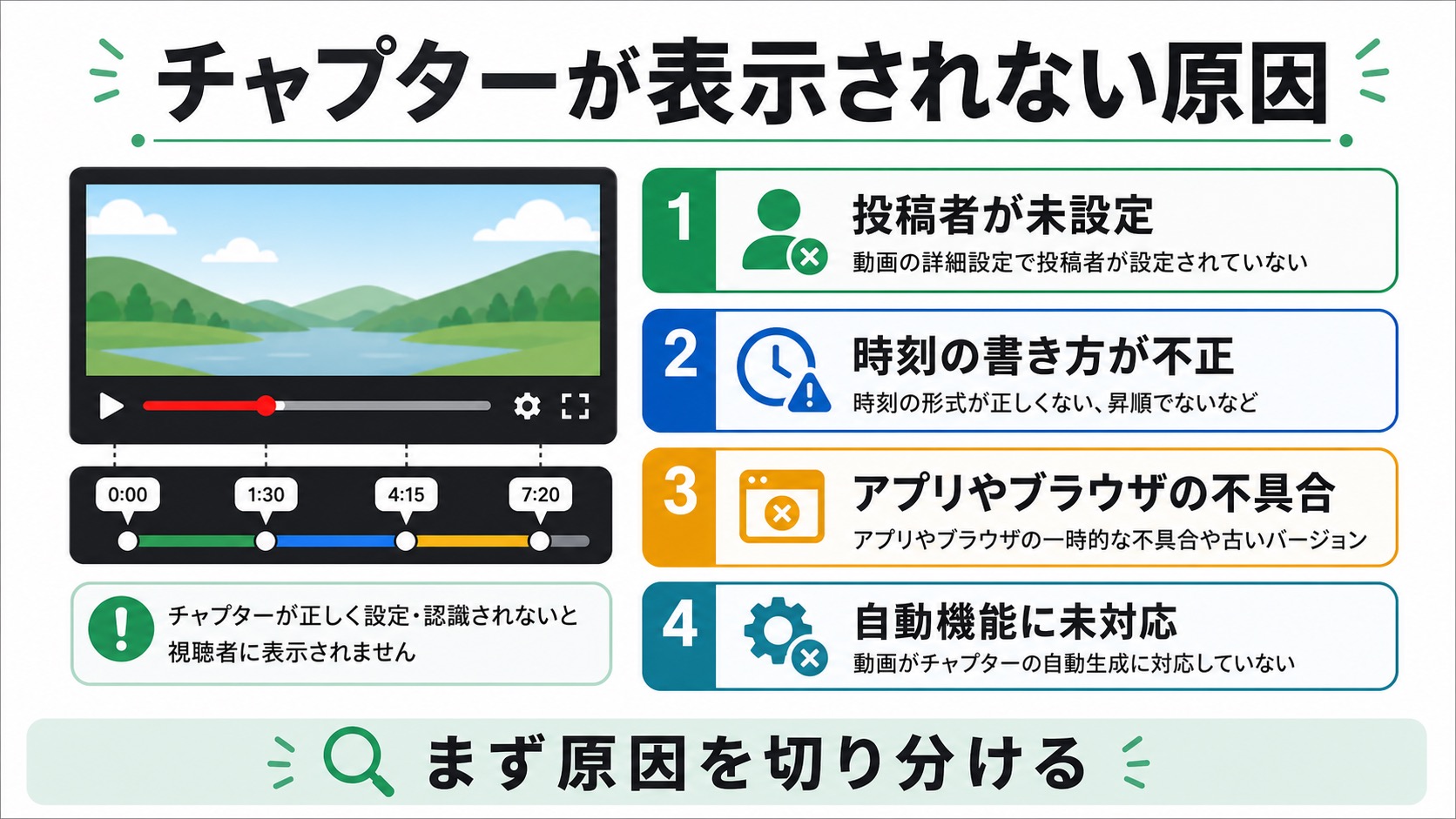YouTubeのチャプターが表示されない時に投稿者未設定や書式不正や不具合を確認する図解