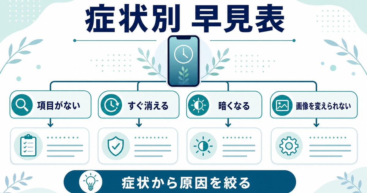 常時表示がないすぐ消える暗くなる画像を変えられない症状から原因を絞る早見表
