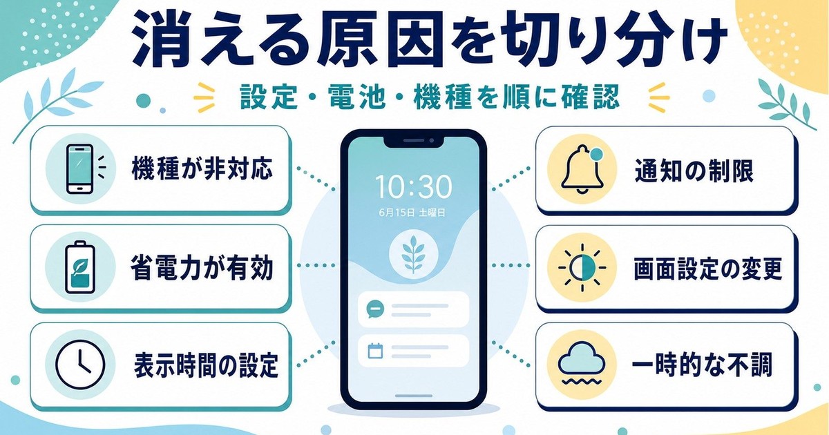 常時表示が消える原因を機種非対応省電力表示時間通知制限画面設定一時不調に分けた図解
