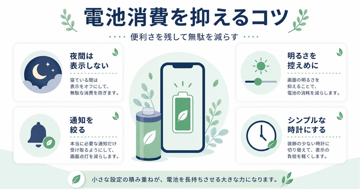 常時表示の電池消費を抑えるため夜間非表示明るさ控えめ通知絞りシンプル時計を整理した図解