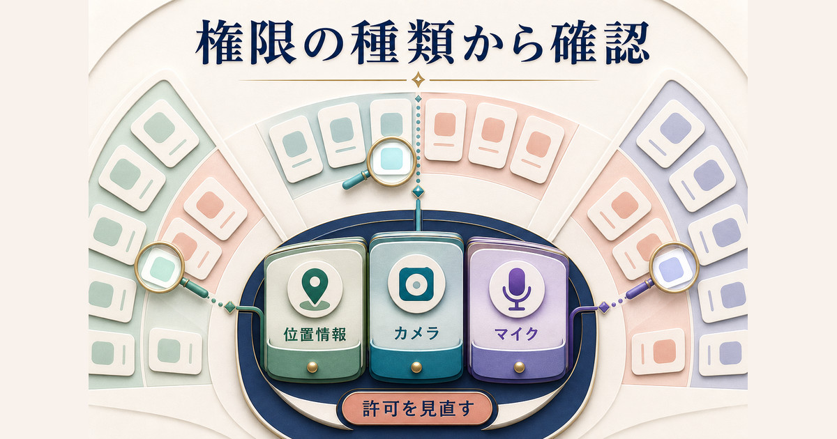 位置情報、カメラ、マイクなど権限の種類を選び、その権限を持つアプリの許可状態をまとめて見直す方法