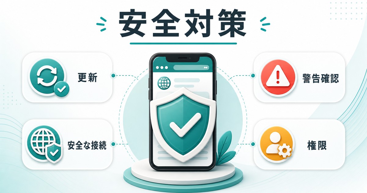 Androidブラウザの安全対策として更新と警告確認と安全な接続と権限を確認する図解