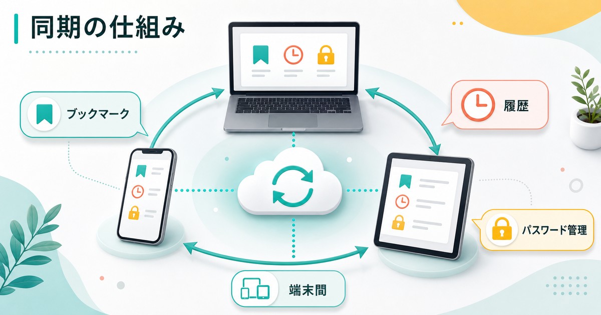 ブラウザの同期機能でブックマークと履歴とパスワード管理を端末間で共有する図解